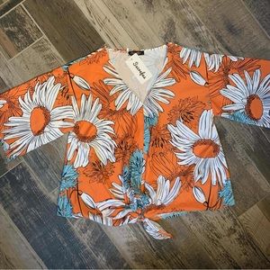 NWT Orange and Blue Tropical Blouse with Tie Front Size M